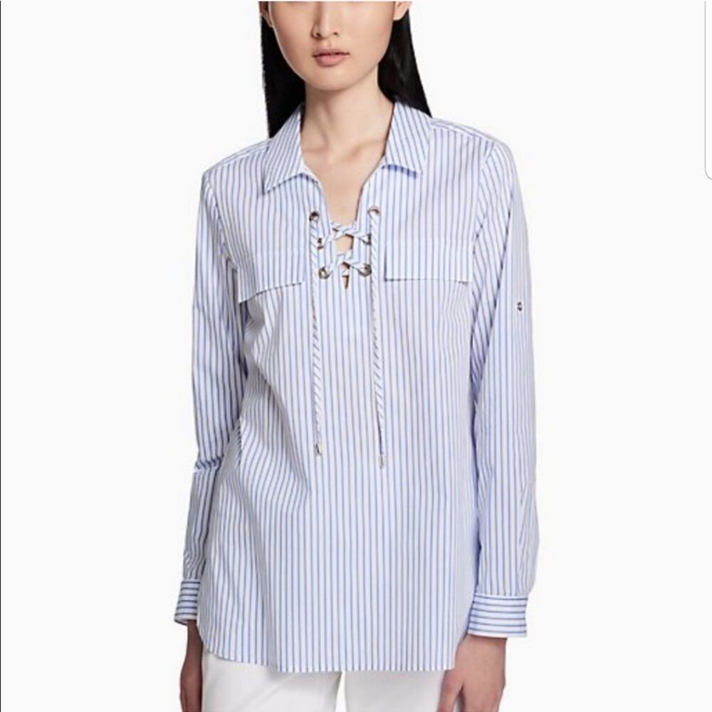 CALVIN KLEIN Women's Blue White Striped Essential Lace Up Grommet Top